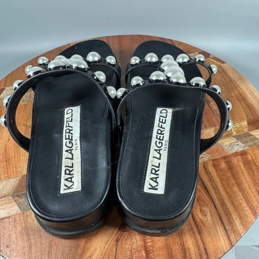 Karl Lagerfeld Paris Blithe Black Leather Pearl Platform Slide Sandals 6M